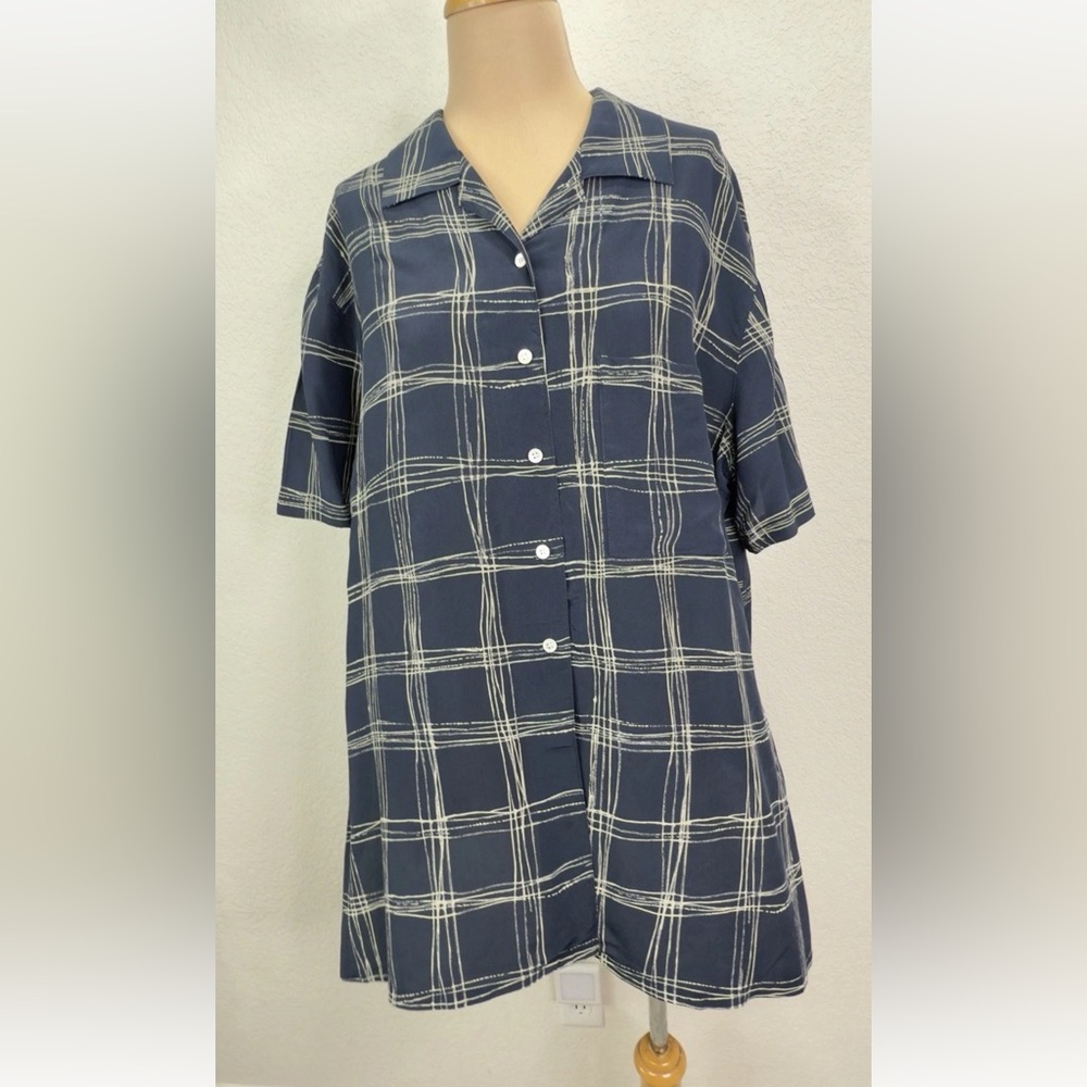 Vintage Jones New York Navy Plaid Silk Short Sleeve Blouse Women's 16